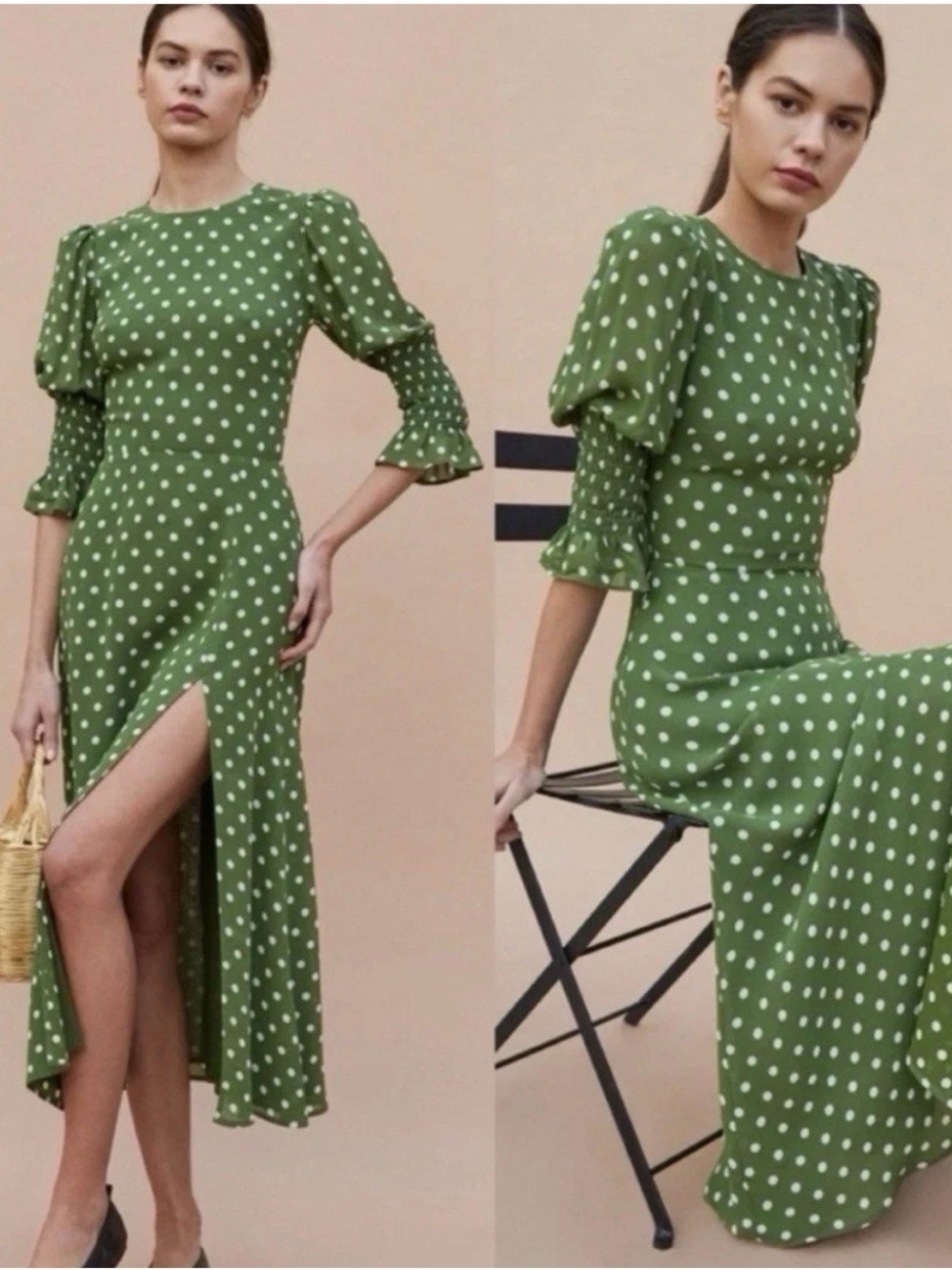 Reformation Olive Green and White Polka Dot Puff-Sleeve Maxi Dress